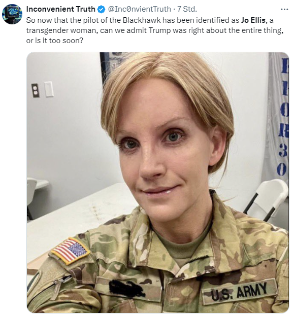 So now that the pilot of the Blackhawk has been identified as Jo Ellis, a transgender woman, can we admit Trump was right about the entire thing, or is it too soon?